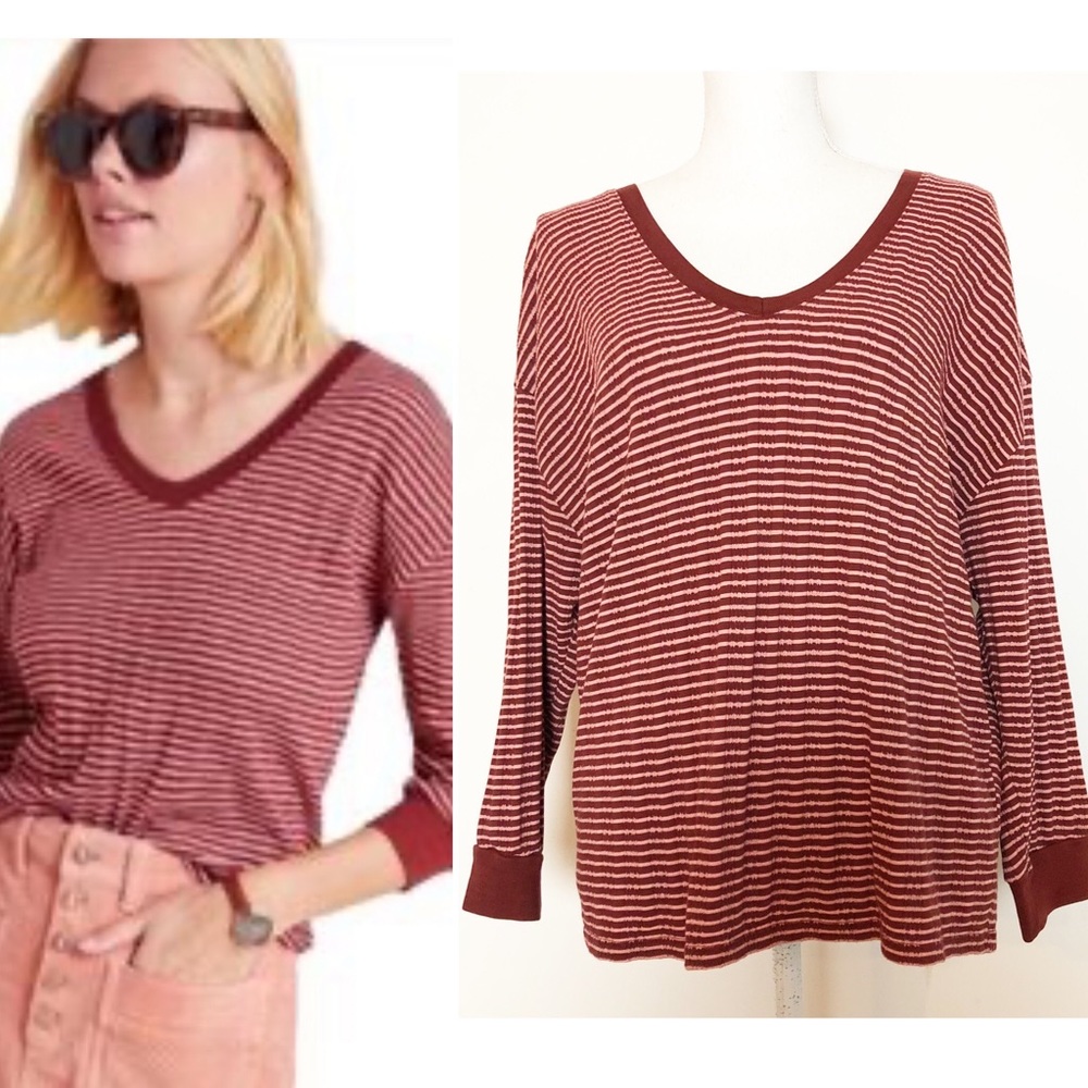 ANTHROPOLOGIE Hannah Striped 3/4 sleeve Burgundy Blouse Size Large